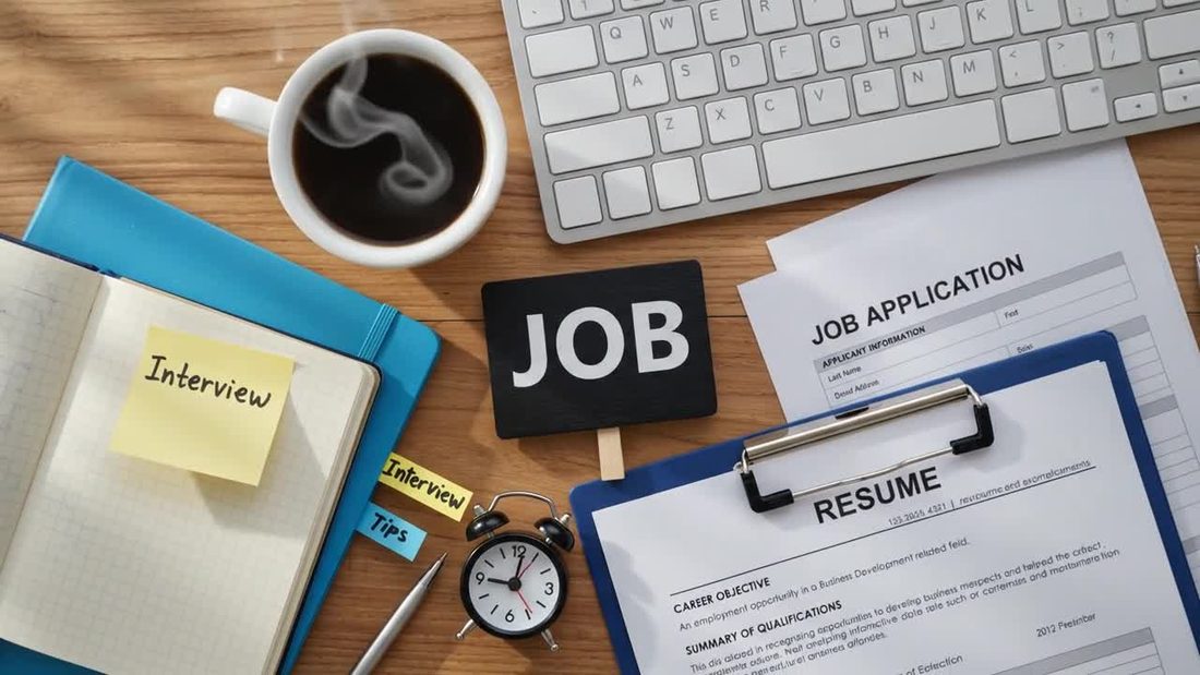 A desk with a job application form, résumé and interview notes